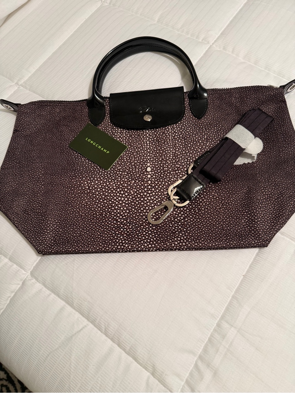 Longchamp Black & White Pebble Print Tote with Black Patent Leather Accents NWT